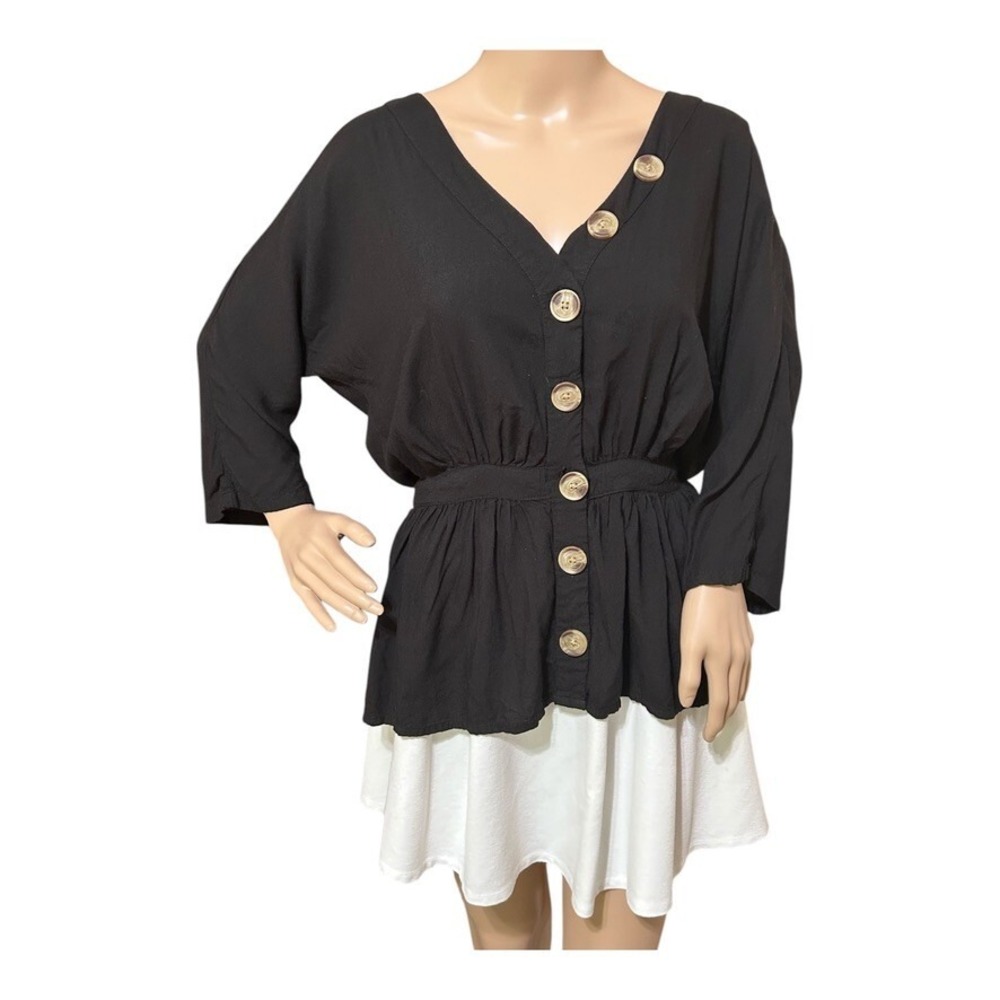 Asos Women's Large Button Up Top Blouse 4 Black Peplum 3/4 Sleeve Lagenlook Goth